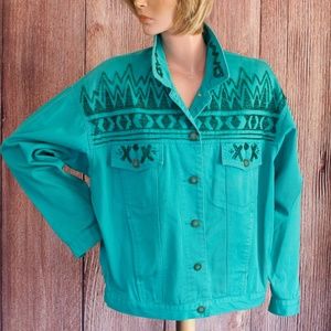 Carole Little Vintage Green Denim Jacket Sz 8 Boho Southwestern
